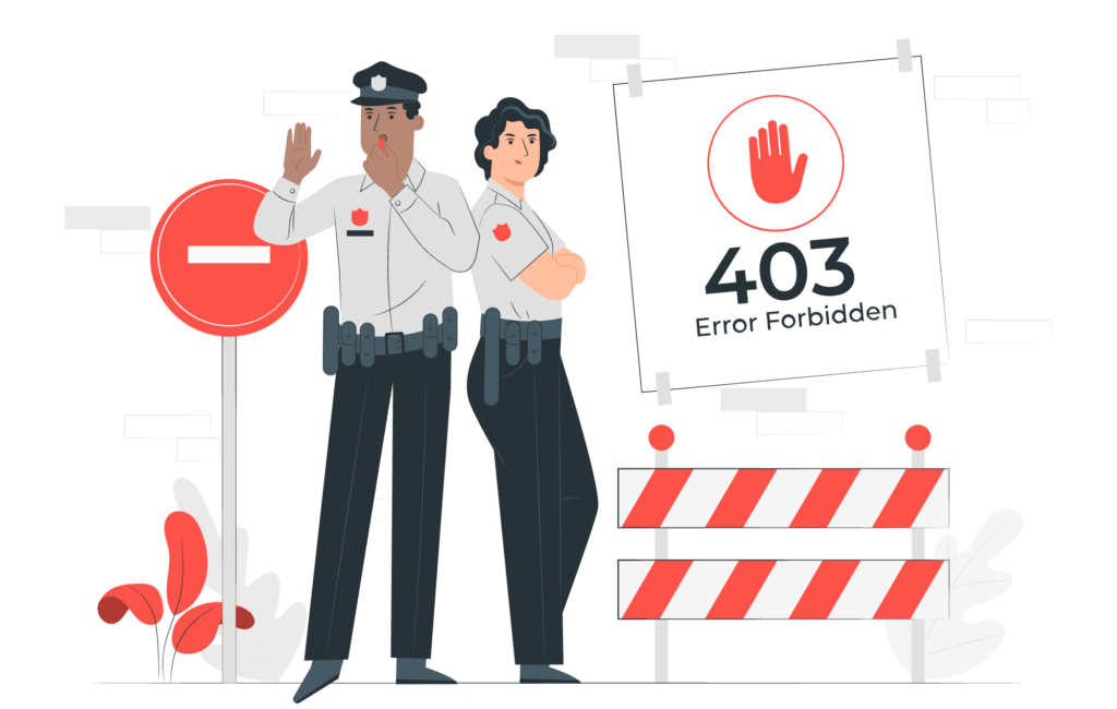 Illustration of a 403 Forbidden error page showing restricted access due to permissions issues.