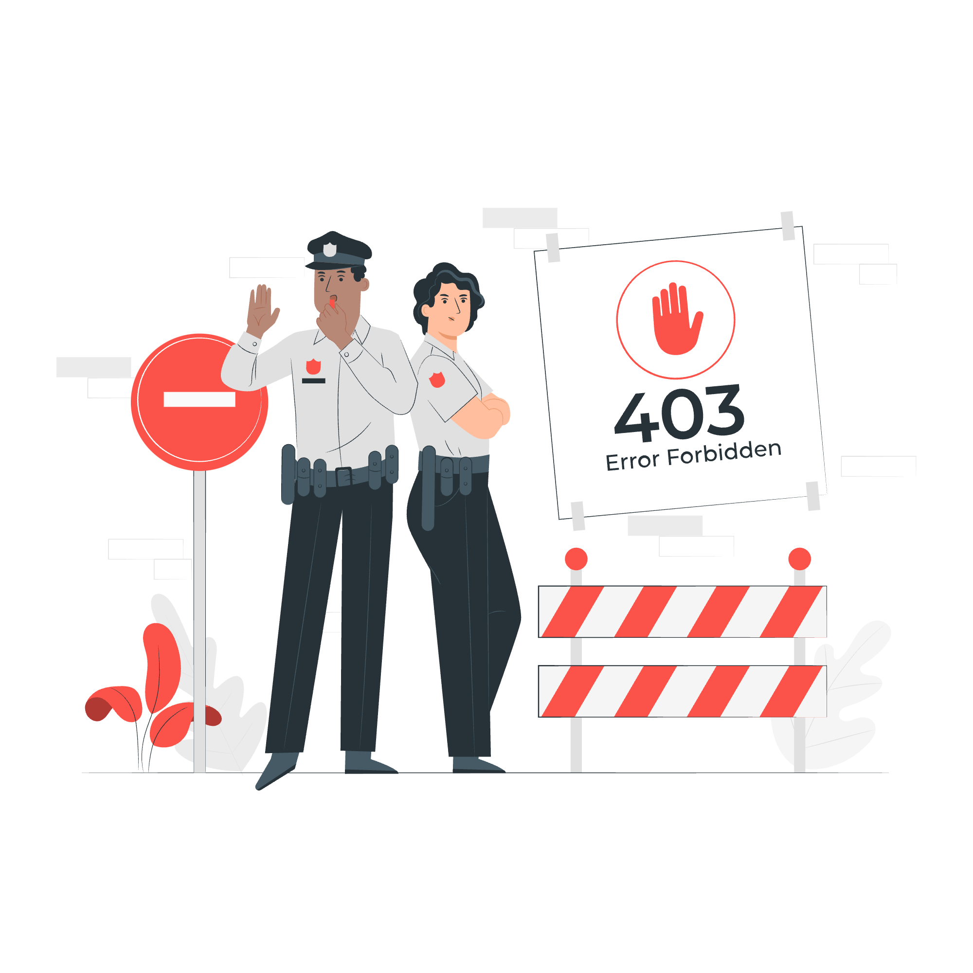 Illustration of a 403 Forbidden error page showing restricted access due to permissions issues.